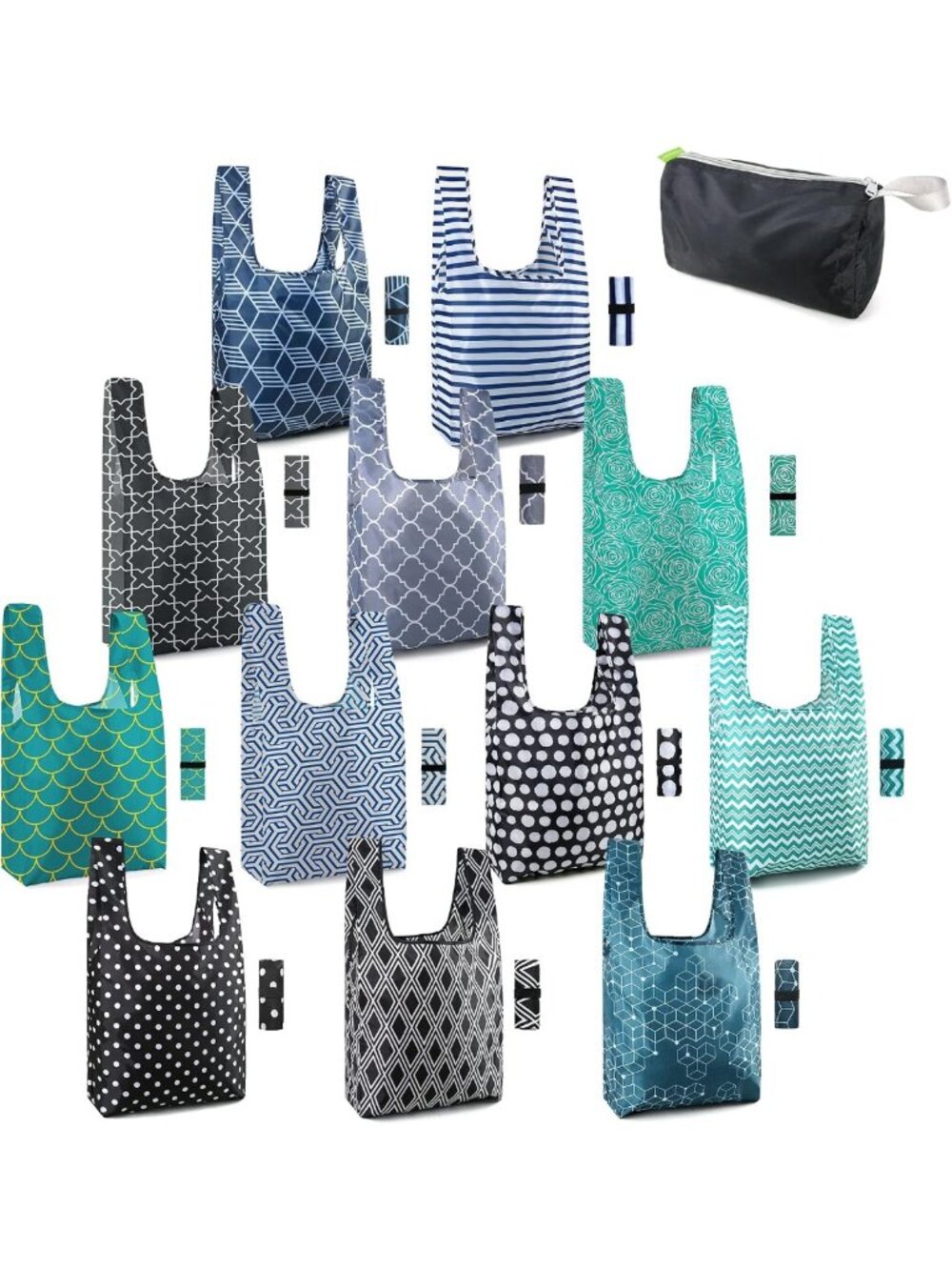 12 Pack Reusable Foldable Grocery Bags - Heavy Duty, Washable Cloth Totes for